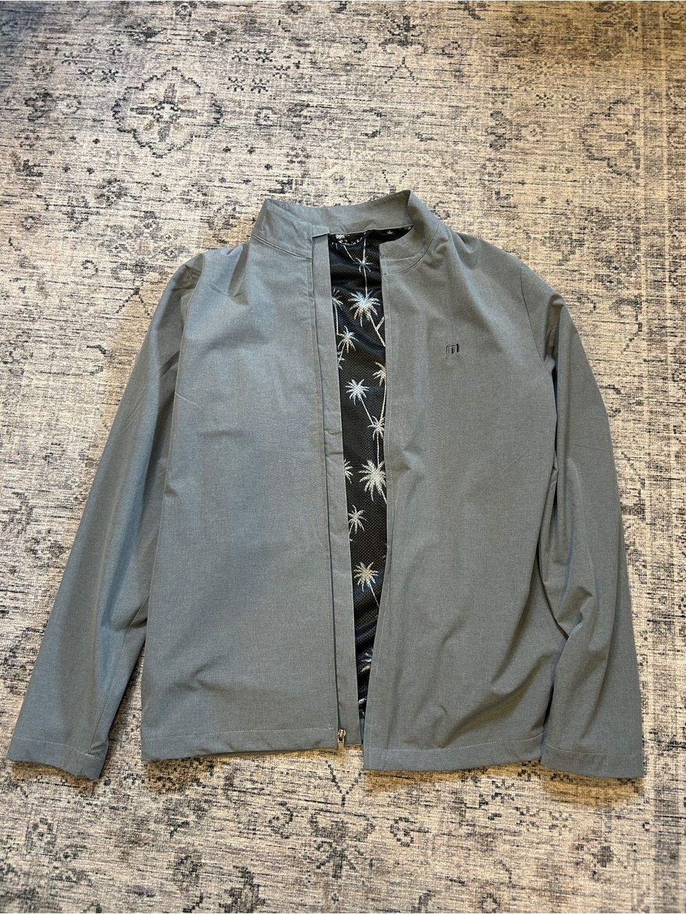 Travis Mathew Men's Lightweight Gray Jacket with Palm-Print Lining